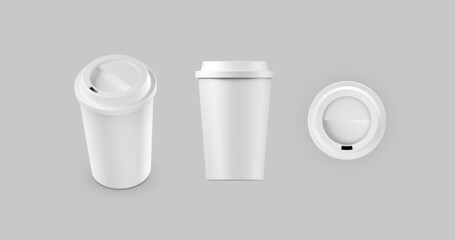 Black and white mockup of disposable paper cup with plastic lid. High quality 3d rendering. Empty and isolated. Polystyrene coffee cup in different views.