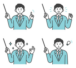 男性社員が指し棒で説明するイラスト素材