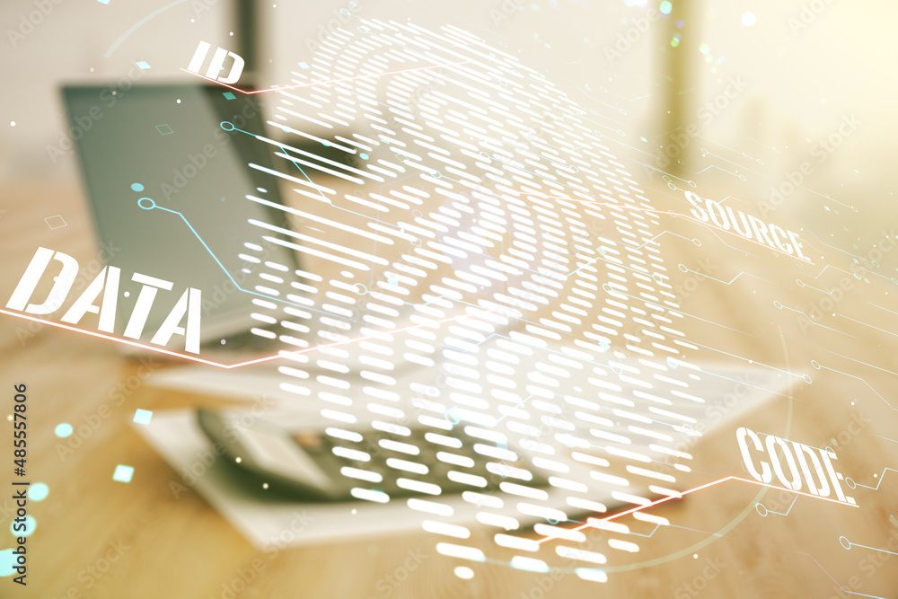 Poster multi exposure of virtual creative fingerprint hologram on blurry calculator with laptop background,