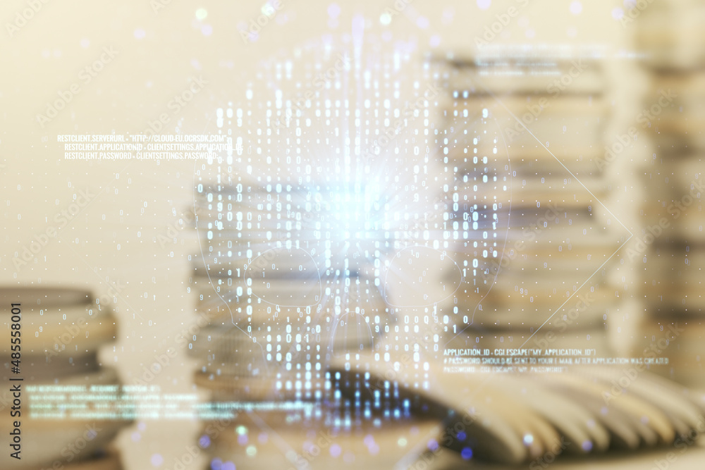 Poster abstract virtual code skull illustration on stacks of coins background. hacking and phishing concept