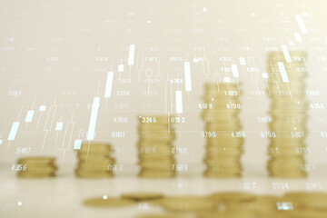 Double exposure of abstract creative statistics data hologram on growing coins stacks background, analytics and forecasting concept