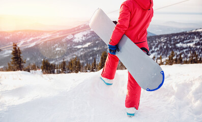 Banner snowboarder in red clothes background sunset forest. Concept winter travel sport, Sheregesh...