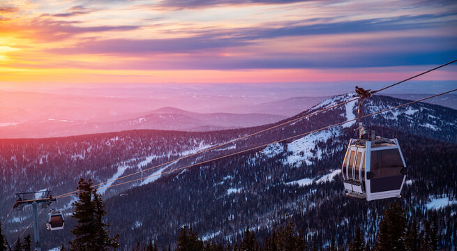 Landscape on mountain ski lift resort in winter, aerial top view Sheregesh Kemerovo region Russia