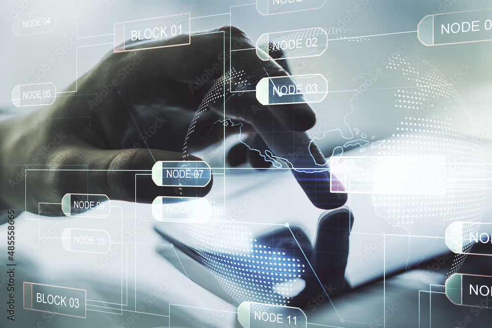 Fototapete double exposure of abstract creative programming illustration with world map and finger clicks on a 