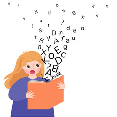 Dyslexia. Confused girl looking at letters flying out of a book. The child learns to speak correctly. - obrazy, fototapety, plakaty