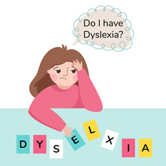 Dyslexia concept. Girl with difficulty in reading. Child doing hard homework. 