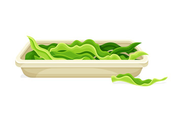 Fresh leaves of spirulina on ceramic plate. Organic dietary supplement, antioxidant superfood vector illustration