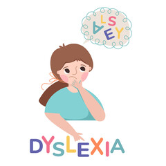 Girl with dyslexia or dyslexia in school. Colorful letters. The child learns to speak correctly. Illustration isolated on white background. - obrazy, fototapety, plakaty