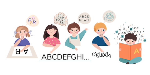 Dyslexia. Сhildren with learning disorder. Boy and girl with difficulty in reading. Illustration isolated on white background. - obrazy, fototapety, plakaty
