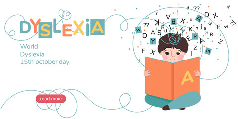 Boy with reading difficulties. October is Dyslexia Awareness Month. Sad boy looking at letters flying out of a book. Illustration for banner, landing page or poster.  - obrazy, fototapety, plakaty
