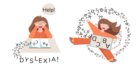 Dyslexia concept. Child suffering with dyslexia is having difficulty in reading a book. Letters escape from the book. Sad girl flying with letters.