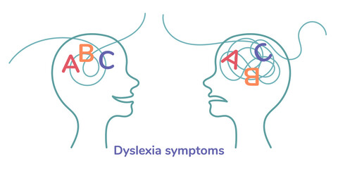 Dyslexia symptoms. Head silhouette with letters A B C. Illustration isolated on white background. - obrazy, fototapety, plakaty