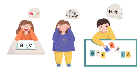 Dyslexia. Boy and girl with difficulty in reading. Сhildren with learning disorder. Illustration isolated on white background.