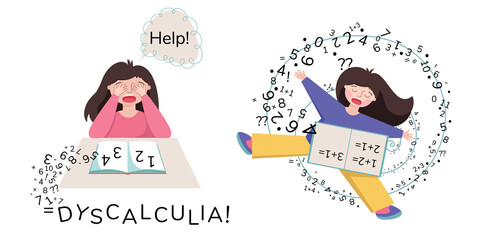 Dyscalculia concept. Child suffering with dyscalculia is having difficulty in mathematics. Sad girl flying with numbers. Illustration isolated on white background.