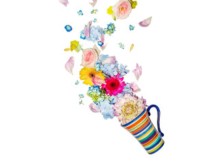 fresh flowers flying out from a tea cup isolated over white background, spring or summer concept, nature in bloom