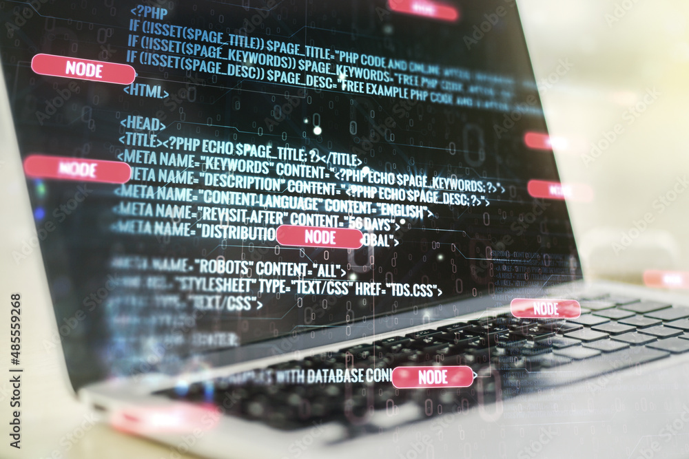 Poster double exposure of abstract programming language on laptop background, research and development conc