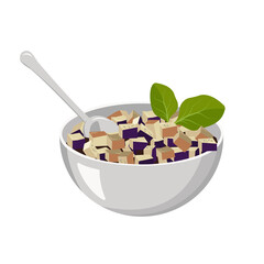 Eggplant salad diced with leaves in bowl and with spoon. Cooking delicious healthy food. Vector flat illustration