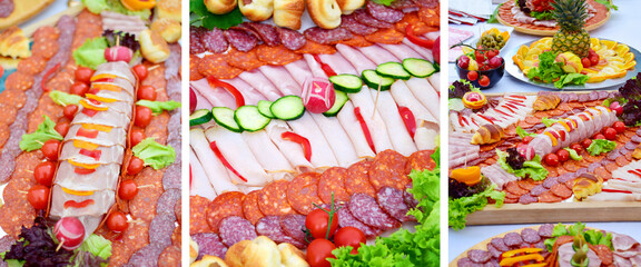 Gourmet food. Food collage.  Party food. Ham, sausage and salami, traditional smoked meat