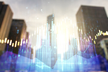 Multi exposure of abstract financial graph on office buildings background, forex and investment concept