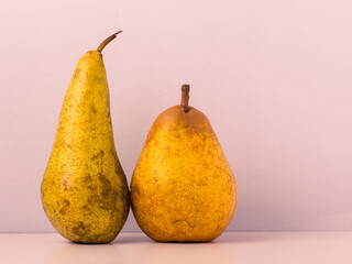 Two juicy biologic yellow pears, like a woman and a man. The concept of healthy food and Valentine's day.