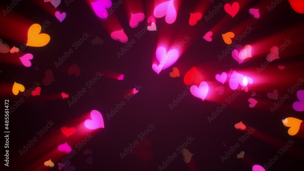 Poster abstract loop flowing down colorful shine heart isolated on dark background. animation for valentine