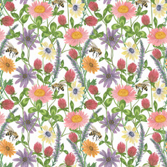 Watercolor painting seamless pattern with botanical flowers and bee