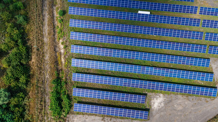 Solar panels in aerial view. Solar panels system power generators from sun