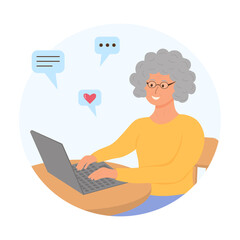 Happy grandmother with a laptop sitting at the table. Elderly people use technology, computers. Vector illustration.