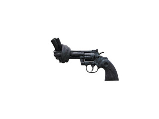 old revolver with a tied barrel on a white background, a symbol of peace and protest against armed conflict and war