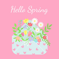 Bouquet of spring flowers in an envelope. Hello spring. Flower mail. Vector illustration.