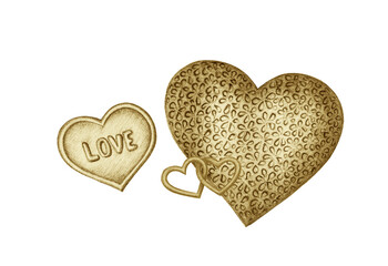 Set of golden colored hearts on a white background. Festive Valentine's design element. Isolated hearts for design, card.