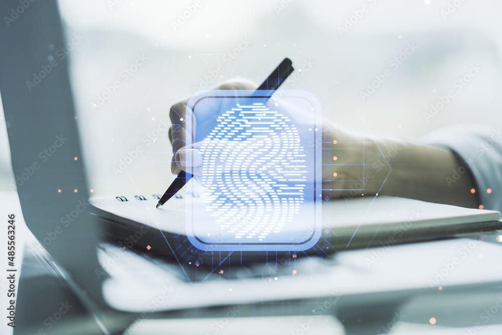 Poster Multi exposure of abstract creative fingerprint illustration with hand writing in notebook on background with laptop, digital access concept