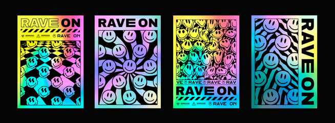 Set Of Cool Trendy Acid Rave Posters. Abstract trippy psychedelic smile pattern.