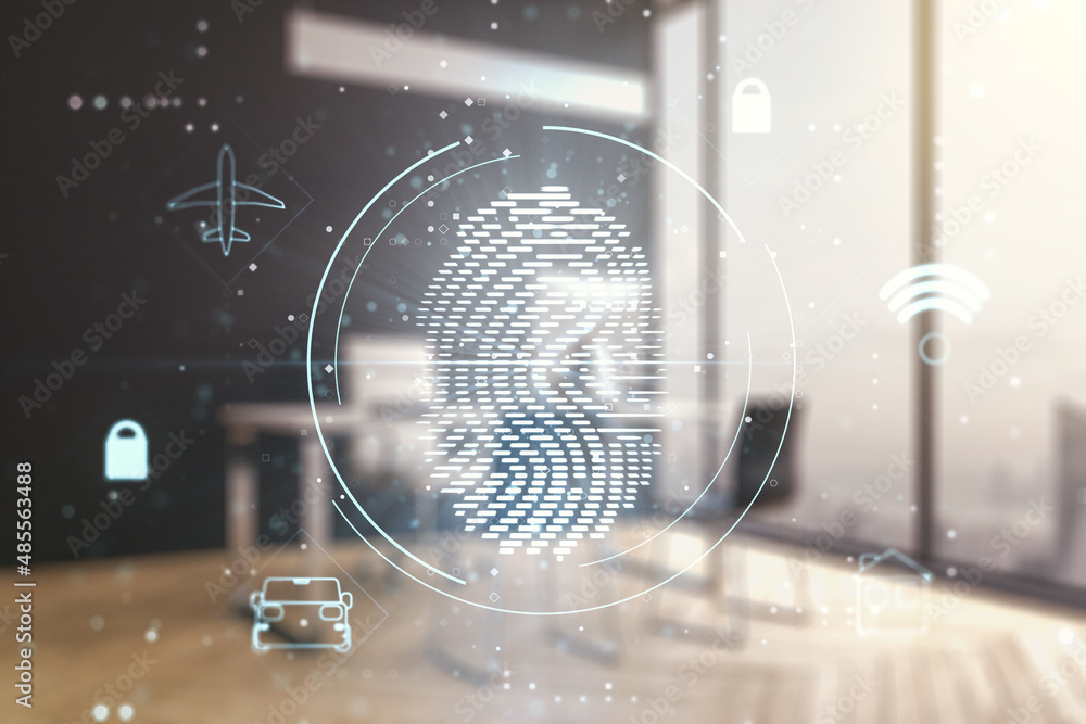 Poster multi exposure of abstract graphic fingerprint sketch and modern desktop with pc on background, fing