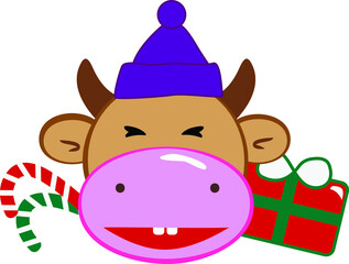 Fototapeta premium Cartoon cow in Christmas with candy and gift 