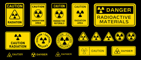 Set of Radioactive Materials Caution Signs. Warning Danger Radiation Badges. - obrazy, fototapety, plakaty