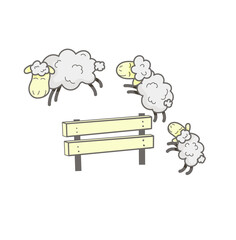 Three lambs jump over the fence. Insomnia, sleep. Flat style. Sweet, attractive, smiling. Isolated on white background. Vector illustration