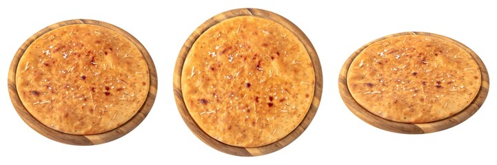 Focaccia from different angles. Dough with olive oil, spices and salt. Classic italian pizza on a round wooden board. Isolated on white. Top view