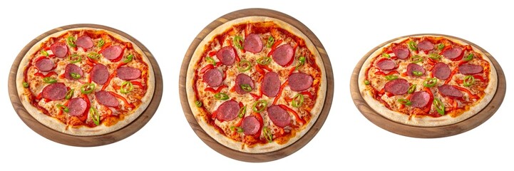 Classic italian pizza from different angles on a round wooden board from different angles. Isolated on white. Top view
