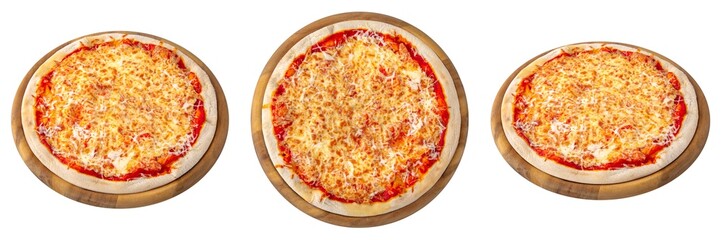 Pizza Margherita from different angles. Classic italian pizza on a round wooden board. Isolated on white. Top view