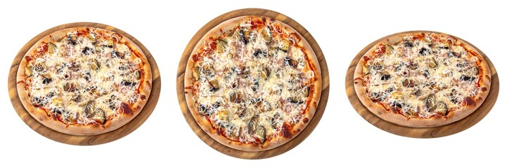 Classic italian pizza from different angles on a round wooden board from different angles. Isolated on white. Top view