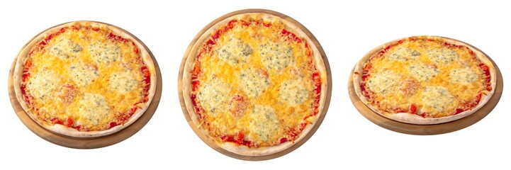 Pizza from different angles. Four cheeses. Classic italian pizza on a round wooden board. Isolated on white. Top view