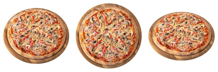 Classic italian pizza from different angles on a round wooden board from different angles. Isolated on white. Top view