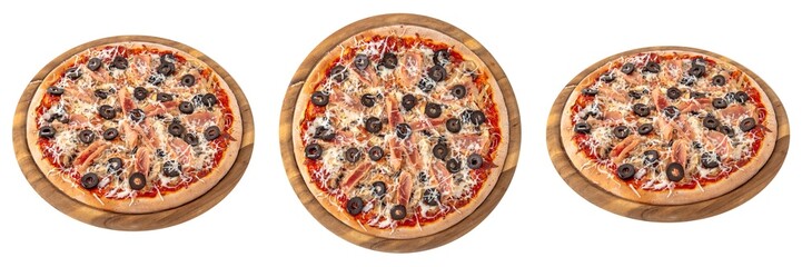 Classic italian pizza from different angles on a round wooden board from different angles. Isolated on white. Top view