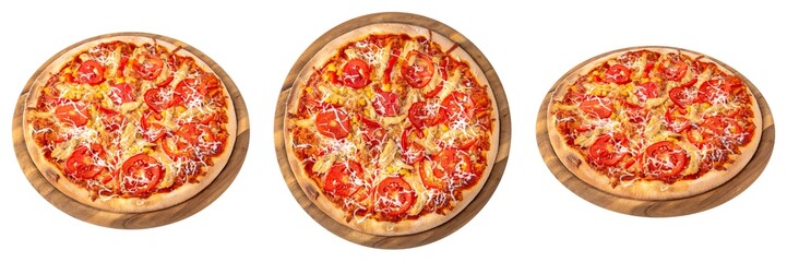 Classic italian pizza from different angles on a round wooden board from different angles. Isolated on white. Top view