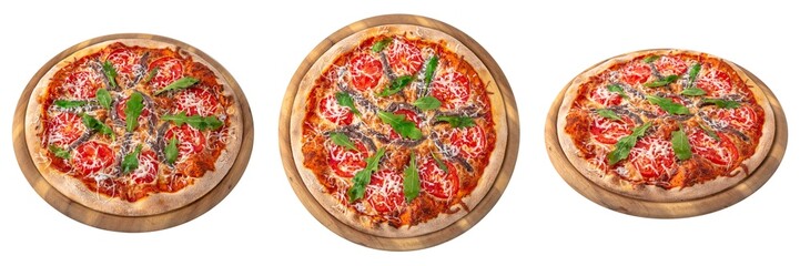 Classic italian pizza from different angles on a round wooden board from different angles. Isolated on white. Top view