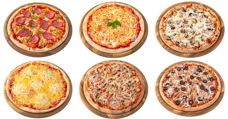 Set of classic Italian pizza: four cheeses, salami, margarita, neapolitana, vegetarian, pepperoni. Isolated on white
