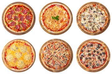 Set of classic Italian pizza: four cheeses, salami, margarita, neapolitana, vegetarian, pepperoni. Isolated on white