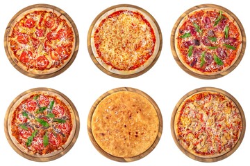 Set of classic Italian pizza: four cheeses, salami, margarita, neapolitana, vegetarian, pepperoni. Isolated on white
