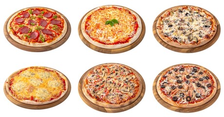 Fototapeta na wymiar Set of classic Italian pizza: four cheeses, salami, margarita, neapolitana, vegetarian, pepperoni. Isolated on white